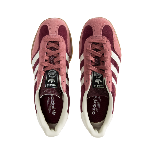 Image 5 of 5 - RED - Adidas Gazelle Bi-Color Indoor Sneakers are a lace-up style with satin uppers, suede and synthetic overlays, and gum outsoles. Textile linings.  