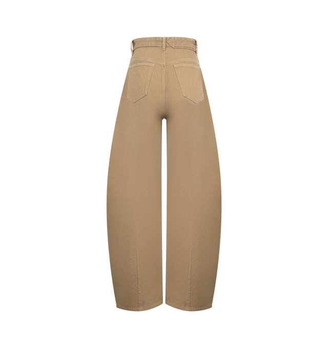 Image 2 of 3 - BROWN - JACQUEMUS Ovalo de-Nmes Denim Pants featuring high-rise, beige cotton denim, belt loops, zip fly with engraved metal button, five pockets including ticket pocket, embroidered J on the hip, darts on the hip, long curved leg, embroidered patch on the back, back yoke and darts on the back hem. 100% cotton. Lining: 65% polyester, 35% cotton. Made in Italy. 