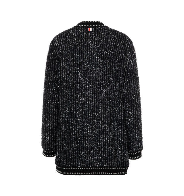 Image 2 of 2 - BLACK - Thom Browne Women's Eyelash Tweed Jacquard Long Cardigan featuring neck tie closure, 2 Front slip pockets and signature striped grosgrain loop tab. 79% Cotton, 16% Polyamide, 4% Viscose, 1% Polyester. Made in Italy. 