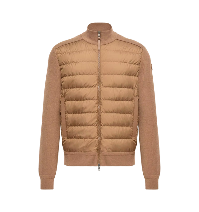 Image 1 of 1 - BROWN - Moncler Mens Wool and Cashmere Blend Padded Zip-Up Cardigan is crafted from a wool and cashmere blend with a down-filled front. Features a turtleneck, zipper closure, zipped pockets, and logo patch detailing. Base Fabric: 90% Virgin Wool, 10% Cashmere; Outer Front: 100% Polyamide / Nylon; Front Lining: 100% Polyester; Padding: 90% Down, 10% Feather; Leather Material: Cow; Leather Outer Application: Cow. Made in Romania. 