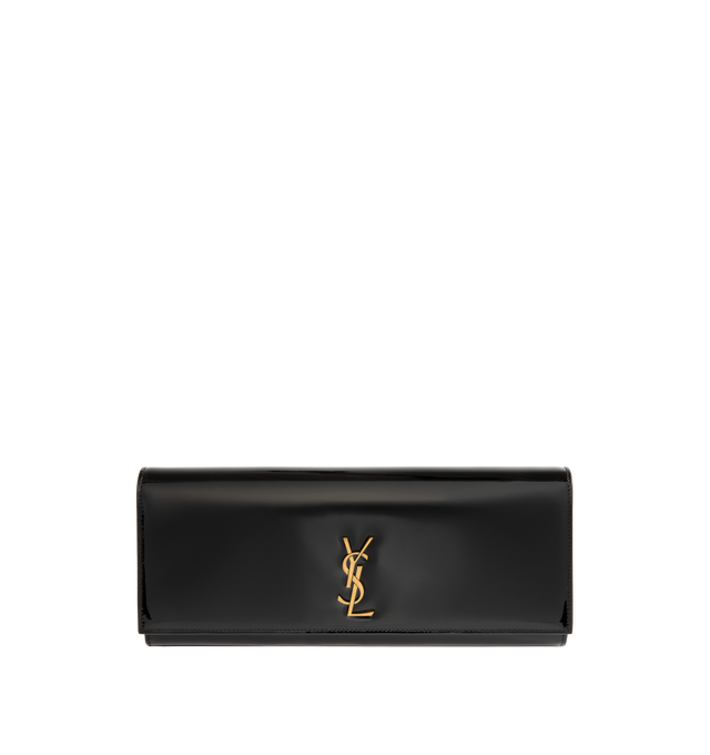 Image 1 of 3 - BLACK - Saint Laurent Women's Kate Clutch is crafted from black patent calfskin leather and decorated with the Cassandre emblem. The magnetic-snap design features a removable chain strap for clutch, shoulder, or crossbody wear, a leather-lined interior, and one flat pocket. Fits a large phone, slim card case, and keys. Main Material: 90% Calfskin Leather, 10% Metal. Dimensions: 28 x 14 x 3 cm / 11 x 5.5 x 1.2 in. Strap Drop: 35 cm / 13.8 in. Made in Italy. 