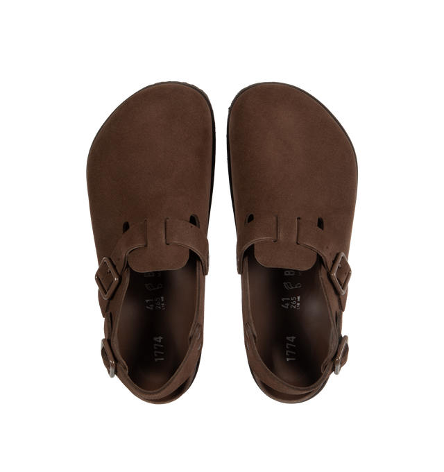 Image 4 of 4 - BROWN - Birkenstock's Tokio a closed-toe clog in a regular width. The iconic Tokio sillhouette closely follows the contours of the foot featuring adjustable heel and arch straps. Upper: Luxurious fine flesh out suede, a full grain leather that has been flipped to use the fuzzy side. Footbed: Anatomical shaped BIRKENSTOCK cork-latex footbed, covered with premium, color-matching smooth nappa leather. Sole: EVA outsole with a 3mm EVA welt updates the standard die-cut outsole while still ensuring 