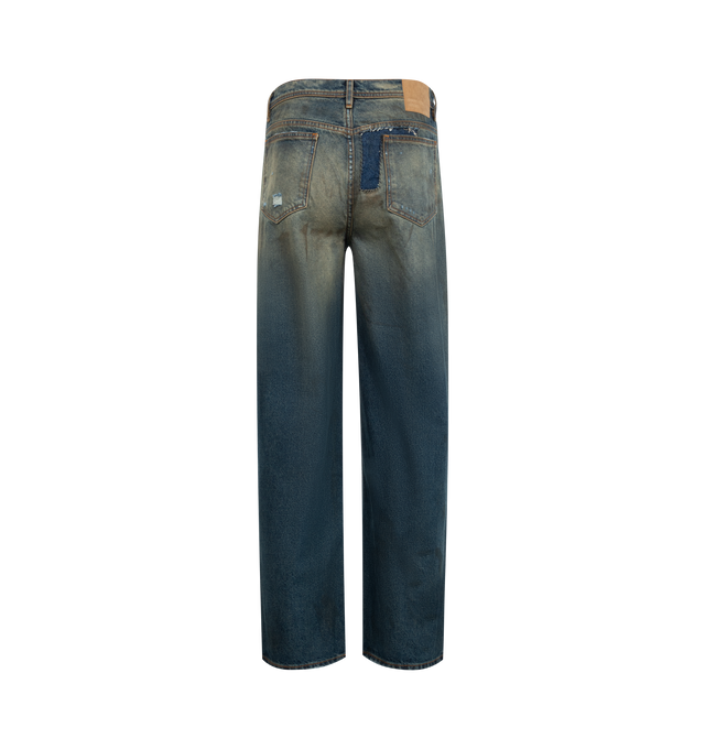 Image 2 of 3 - BLUE - Enfants Riches Deprimes Corpse Pose Jeans are a 5-pocket style with a button fly, overall distressing, and an embossed logo patch. 100% cotton. Made in USA.  