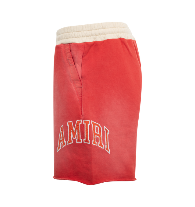 Image 3 of 3 - RED - AMIRI Vintage Collegiate Short featuring vintage-inspired colorblock, logo patch appliqu, elastic waist, drawstring with silver toned hardware, side slit pockets and back patch pocket. 100% cotton.  