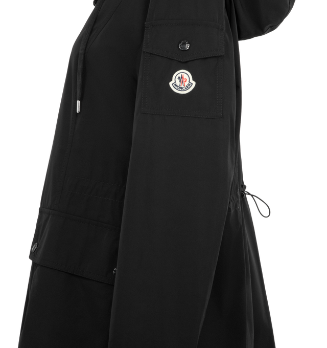 Image 3 of 3 - BLACK - MONCLER Laerte Hooded Parka featuring poplin technique, adjustable hood, zipper closure, patch pockets with snap button closure, sleeve pocket and waistband with drawstring fastening. 60% polyester, 40% cotton. Made in Moldova. 