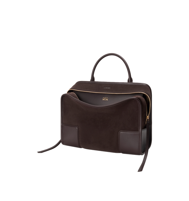 Image 6 of 16 - BROWN - LOEWE Large Amazona 180 Bag in suede featuring a relaxed silhouette anchored by a single toron top handle, designed to be carried open while a concealed closure secures the main compartment, removable shoulder and crossbody straps, zip closure with two leather zip pullers, two compartments, main compartment closed with magnetic closure, internal flat pocket, left side d-ring for customization, suede and nappa lambskin lining, embossed LOEWE and embossed double L branding. Suede/calf. 