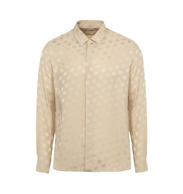 NEUTRAL - SAINT LAURENT Dotted Shirt featuring and Yves collar, straight shoulders, concealed button placket, on button mitered cuff and curved, gusseted hem. 100% silk. Made in Italy. 
