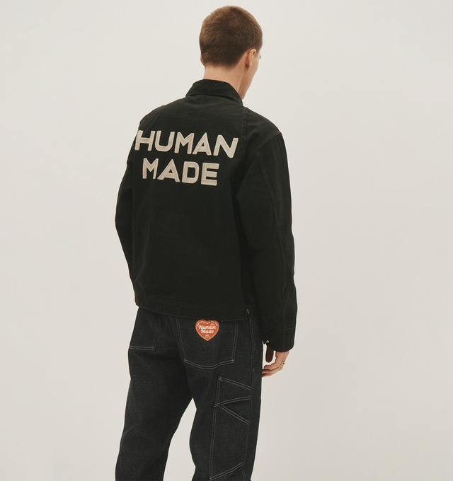 Image 5 of 5 - BLACK - Human Made Men's Zip-up blouson jacket in thick duck cloth. Details include a corduroy collar and chain-stitched graphics. 