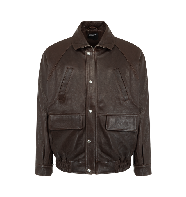 Image 1 of 3 - BROWN - ENFANTS RICHES DEPRIMES Prince Phillip's Childhood Leather Jacket featuring zip front leather bomber in lambskin, viscose twill lining, snap closure storm flap, paneled raglan sleeve construction, hand warming pockets at chest, flap pockets at waist with side entry, snap closure cuffs at wrist and elastic waistband. Made in Italy.  