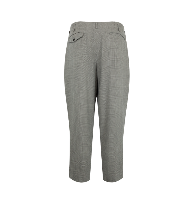 Image 2 of 3 - GREY - Comme des Garons Homme Plus Men's Plaid Double-Pleated Trousers are tailored in a classic Glen/Prince of Wales check pattern and silhouette. Designed with a regular-rise waist, these relaxed-fit trousers are defined by deep double pleats, a slightly cropped length, and adjustable metal buckles at the waistband for a customizable fit. Main Material: Wool. 