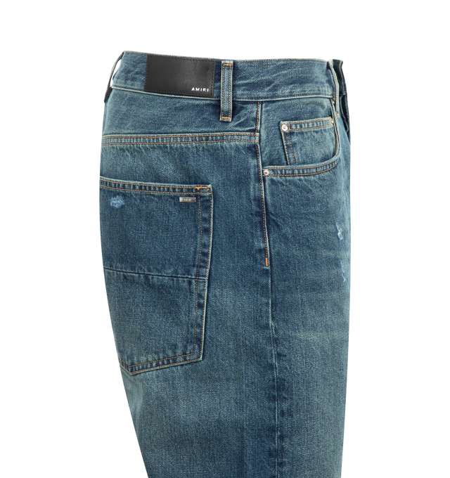 Image 3 of 3 - BLUE - Amiri Released Hem Jeans are a 5-pocket, straight leg style with a vintage feel. 100% cotton. Made in USA.  