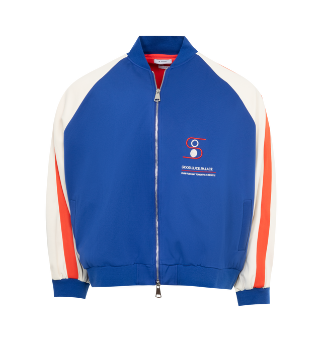 Image 1 of 2 - BLUE - MR. SATURDAY Good Luck Palace Track Jacket featuring ribbed stand collar, two way zip closure, silver toned hardware, welt pockets and waist, ribbed cuffs and hem, embroidered graphic on front and back and contrast sleeve tape detail. 100% tricot.  