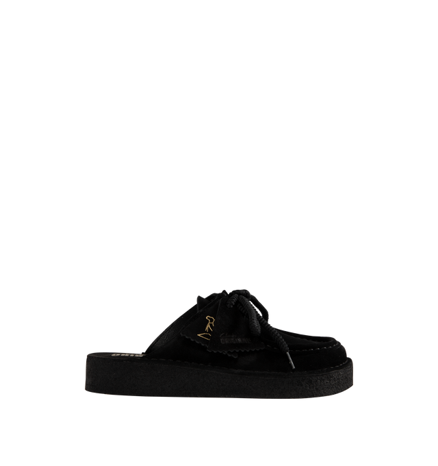 Image 1 of 4 - BLACK - CLARKS Desert Nomad Mule featuring suede upper, Clarks Originals heat embossed metallic foil logo on footbed, cord lace, natural Pebble Crepe sole and finished with two Clarks Originals fobs. 