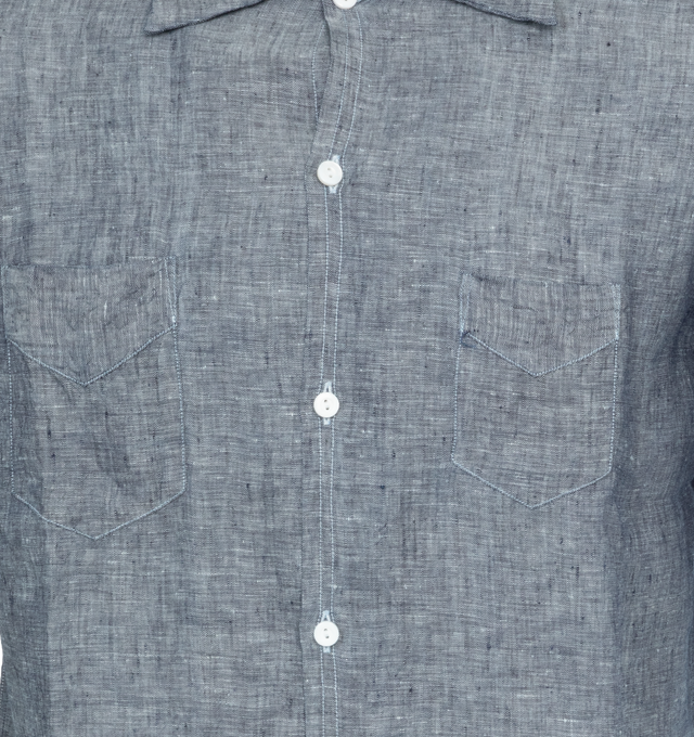 Image 3 of 3 - BLUE - POST O'ALLS Neutra 4 short sleeve button-up shirt crafted from linen chambray featuring a regular fit with side gussets, full button front, two 'v' stitch pockets, open collar, a nod to 50's styling.  Made in Japan. 