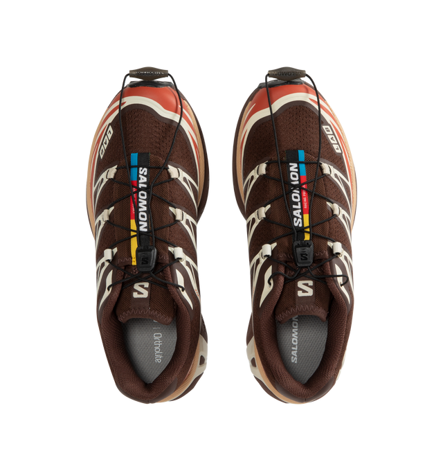 Image 5 of 5 - BROWN - Salomon XT-6 Sportstyle sneakers are a lace-up style with mesh and TPU uppers, textile lining, a streamlined downhill chassis, and EVA cushioning. Unisex style in men's sizing. 