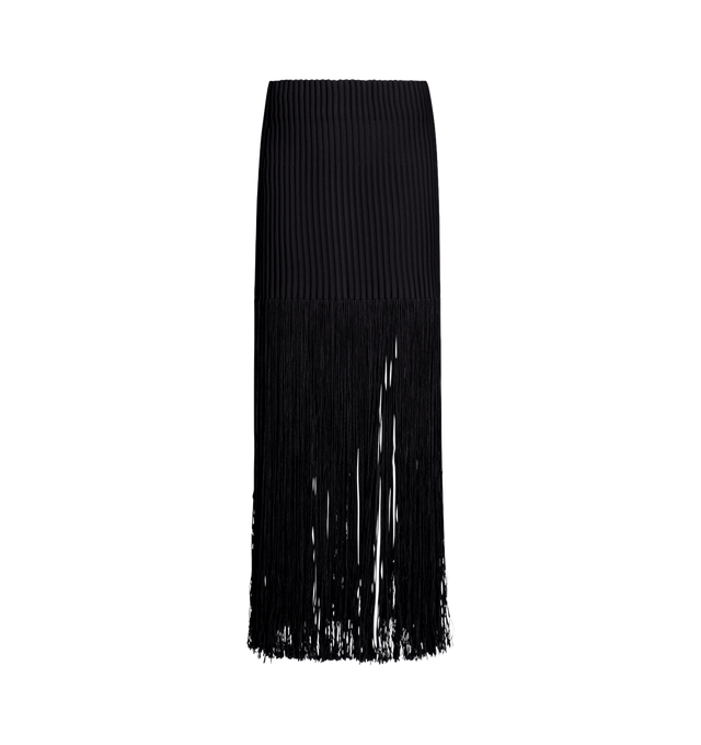 Image 1 of 1 - BLACK - Azzedine Alaia features a ribbed fringed jersey midi skirt with silk fringes that cascade from mid-thigh to ankle. Crafted with a high-waist ribbed waistband and fitted cut. Material: 48% viscose, 41% silk, 10% polyester, 1% polyamide. Made in Italy. 