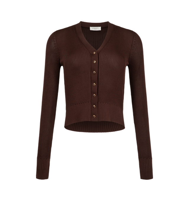 Image 1 of 2 - BROWN - Saint Laurent Women's Short V-Neck Cardigan is crafted from ribbed viscose and features long sleeves and a fitted, cropped silhouette. A front closure with Cassandre jewelry buttons and ribbed cuffs complete the design. Main Material: Viscose. Made in Italy. 