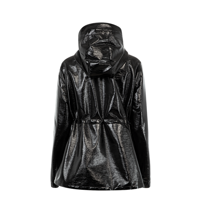 Image 2 of 3 - BLACK - Moncler Agnou Short Shiny Parka has a stand collar, front zip closure, snap placket, fixed hood, adjustable snap cuffs, front flap patch pockets, and drawcord waist. Lined. 89% polyester, 8% cotton, 3% other fibers. Made in Hungary.  