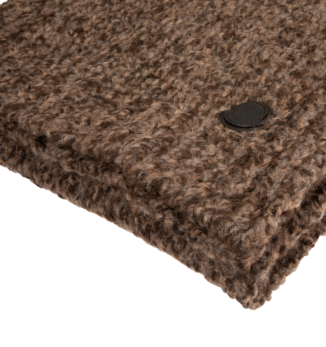 Image 2 of 2 - BROWN - MONCLER Wool & Alpaca Blend Scarf featuring stockinette stitch, Gauge 3 and leather logo patch. 52% alpaca, 47% wool, 1% polyamide/nylon. Made in Italy. 