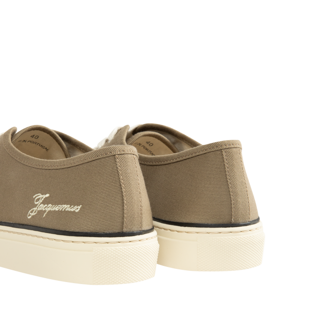 Image 3 of 5 - BROWN - JACQUEMUS The Ff Skate Sneakers featuring canvas upper, round toe, flat cotton laces, embroidered signature and monogram logos, rubber sole and canvas insole and lining. 100% cotton. Made in Portugal. 