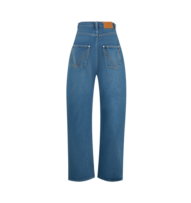 Image 2 of 3 - BLUE - Bottega Veneta Women's Medium Indigo Wide Leg Jeans are crafted from medium indigo washed denim and feature a high-rise waist with a wide-leg silhouette. Main Material: 100% Cotton. Rise: High Waist. Leg: Wide Leg. Closure: Button Closure. Made in Italy. 