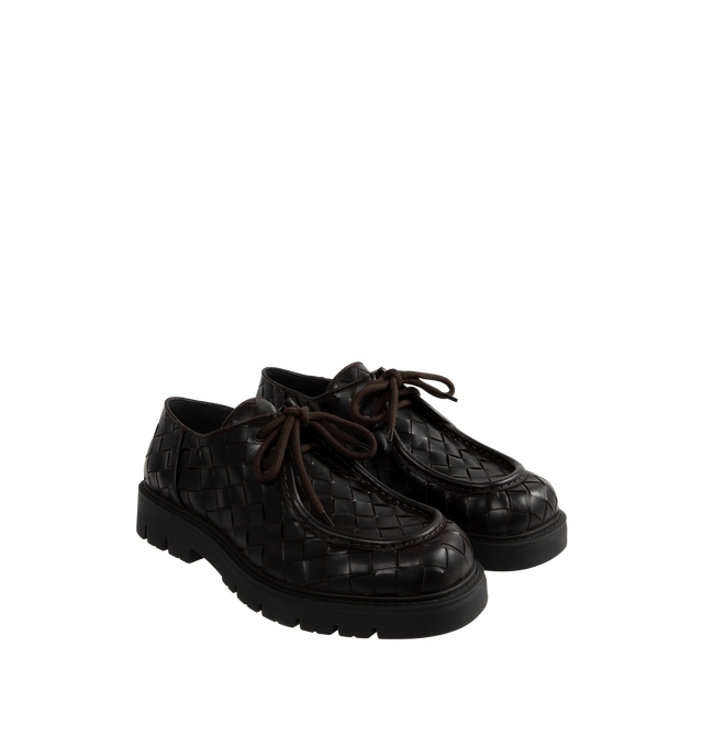 Image 2 of 4 - BROWN - Bottega Veneta Haddock Lace-Up Shoe in smooth calfskin with all-over Intrecciato craftsmanship. Upper and lining: calfskin. Rubber outsole. Made in Italy. 