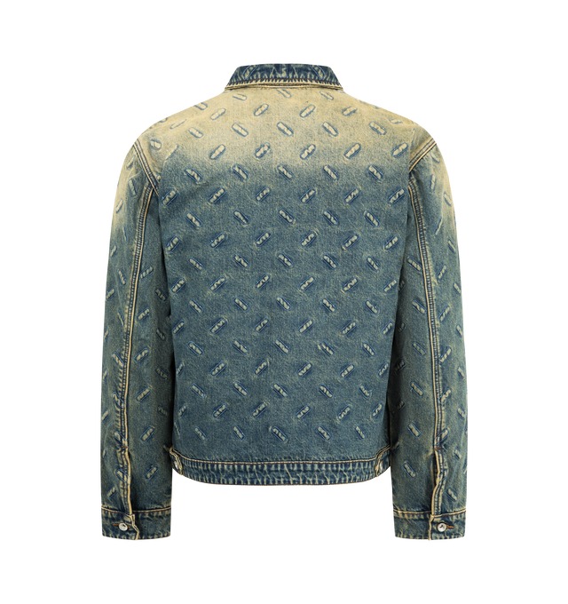 Image 2 of 3 - BLUE - WHO DECIDES WAR Thread Plate Jacket featuring a traditional trucker fit, sewn with an embossed thread plate pattern throughout, button front closure, collar and button cuffs. 100% cotton.  