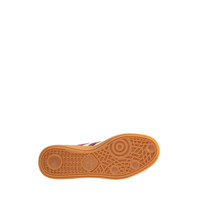 Image 4 of 5 - NEUTRAL - Adidas Men's Handball Spezial Sneakers feature a textured mix of cracked leather, suede overlays, and patent leather 3-Stripes. Designed in a regular fit with a secure lace-up closure, these designer sneakers feature signature Spezial detailing at the quarter and tongue and a soft gum rubber outsole. Upper: Leather. Lining and Insole: Textile and Other Materials. Outsole: Other Materials.  
