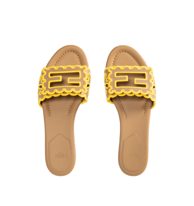 Image 4 of 4 - BROWN - FENDI Baguette Slide featuring wide-band, nappa leather embellished with openwork embroidery and scalloped edges, contrasting yellow yarn, tone on tone Baguette FF motif with scalloped edges and yellow yarn embroidery. 100% calfskin. Made in Italy.  