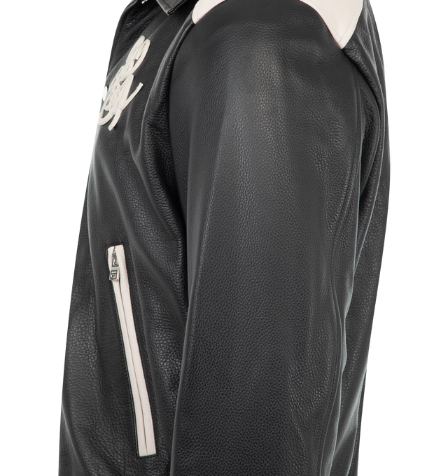 Image 3 of 3 - BLACK - AMIRI MA Swirl Leather Jacket featuring two-tone leather, point collar, center snap closure, MA swirl logo at chest, logo script on back, welt zipper pockets and ribbed cuffs and waistband. Made in Italy. 