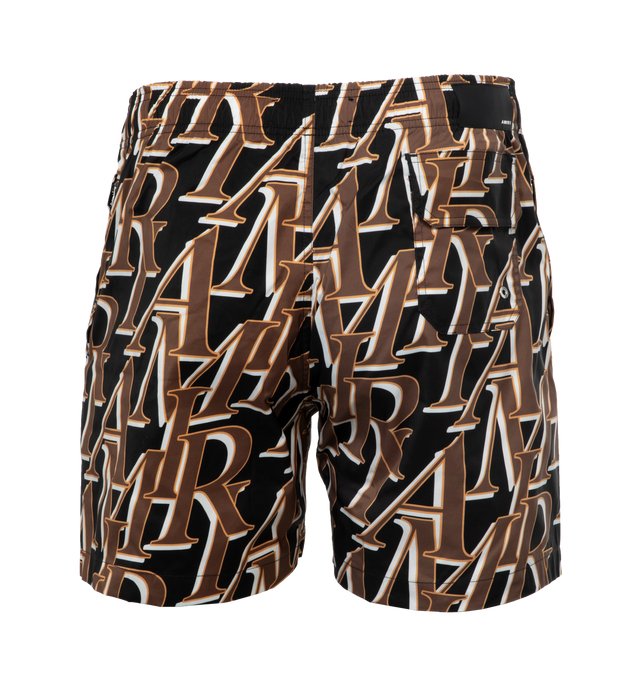 Image 2 of 4 - BLACK - AMIRI stacked logo print swim trunks featuring adjestable drawcord. Made in Italy. 90% Polyester / 10% spandex. 