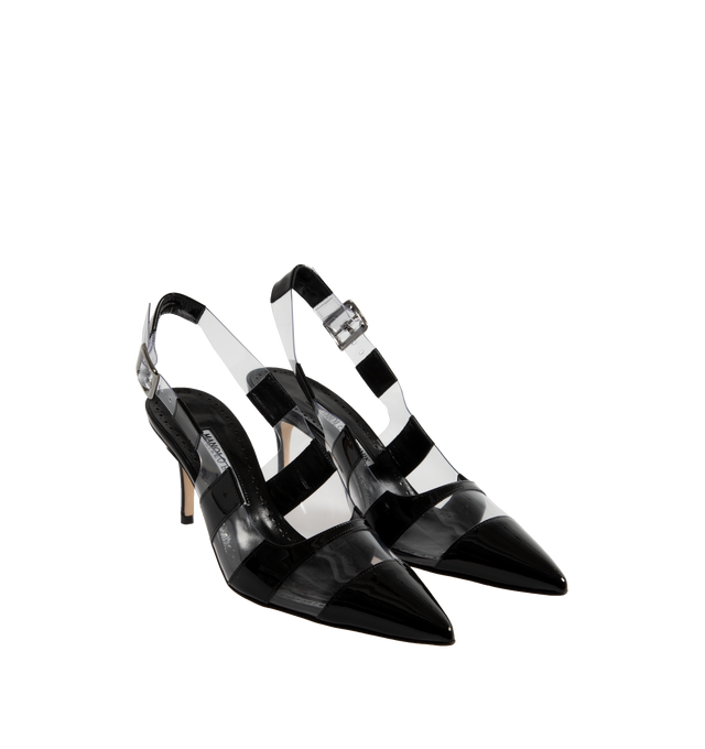 Image 2 of 4 - BLACK - MANOLO BLAHNIK Uxra Slingback Pump featuring striped design with clear cut-out details and buckle closure. Finished with stiletto mid heel. Heel measures 70 mm. 50% calf patent, 50% poly viscose. Sole: 100% calf leather. Lining: 100% kid leather. Made in Italy.  