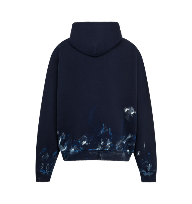 Image 2 of 2 - BLUE - Balenciaga Men's Paint Splatter Zip-Up Hoodie is crafted from dry cotton fleece and features an oversized fit with a full zip-up closure, adjustable hoodie, kangaroo pockets, and long sleeves. A paint-splatter print and embroidered Balenciaga chest logo define the design, while ribbed cuffs and a ribbed waistline complete the silhouette. Main Material: 100% Cotton. Embroidery: 100% Polyester. Made in Portugal. 