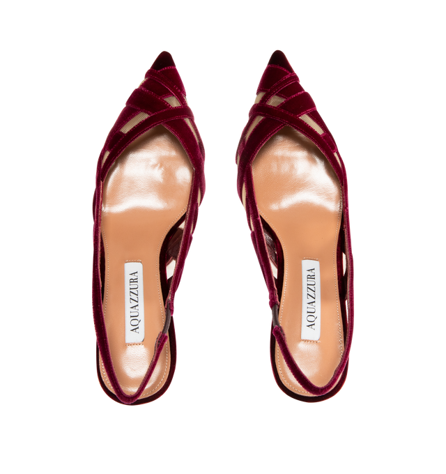 Image 4 of 4 - RED - AQUAZZURA Wrap Me Up Slingback Pump featuring mesh see-through panels, velvet trim, pointed toes, slingback, padded leather insole and signature logo detailing. 65mm. Mesh, velvet. Made in Italy. 