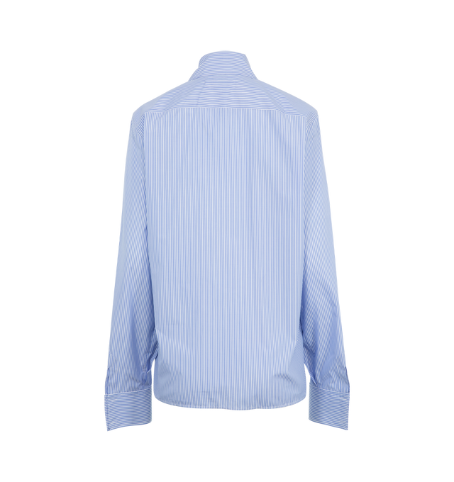 Image 2 of 2 - BLUE - SAINT LAURENT Cassandre Shirt featuring buttoned shirt with a pointed collar, straight shoulders, cassandre embroidery at the hem, two-button cuffs and straight hem. 100% cotton. Made in Italy. 