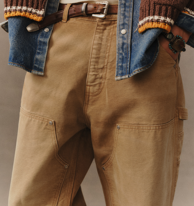 Image 6 of 8 - NEUTRAL - Cherry LA Wide Leg Double Knee Pants are crafted from durable cotton canvas and feature a wide-leg silhouette with reinforced double-knee construction. Designed with a vintage-washed finish and distressed detailing throughout, this workwear-inspired style is finished with branded nickel hardware and a signature logo label at the back pocket. Main Material: Cotton Canvas. Fit: Wide Leg. Made in Los Angeles, California. 