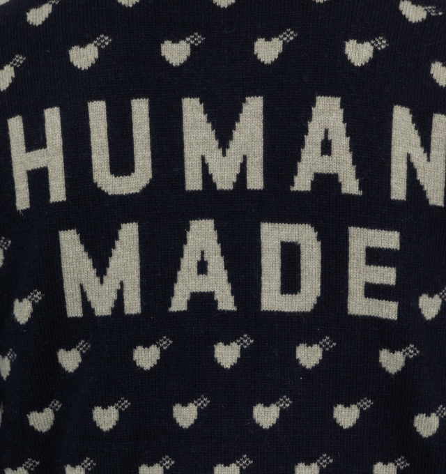 Image 4 of 4 - NAVY - HUMAN MADE Heart Knit Sweater featuring knit fabric, ribbed crewneck and intarsia branding. 100% cotton. 