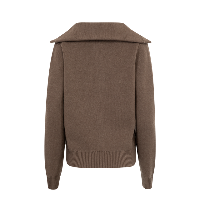 Image 2 of 2 - BROWN - Bottega Veneta Compact Wool Cardigan has a wide collar, button front, and knot button details. 100% wool. Made In Italy.  