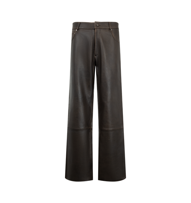Image 1 of 3 - BROWN - Midnight Rodeo "1968" Bootcut Leather Pants are crafted from heavyweight Italian leather and feature a timeless bootcut silhouette inspired by Elvis Presley's legendary '68 Comeback Special. Designed for everyday wear with stage-ready attitude, these Italian-made pants are finished with a midnight-black lining and signature MR embossing on the back pocket. Main Material: Heavyweight Italian Leather. Made in Italy. 