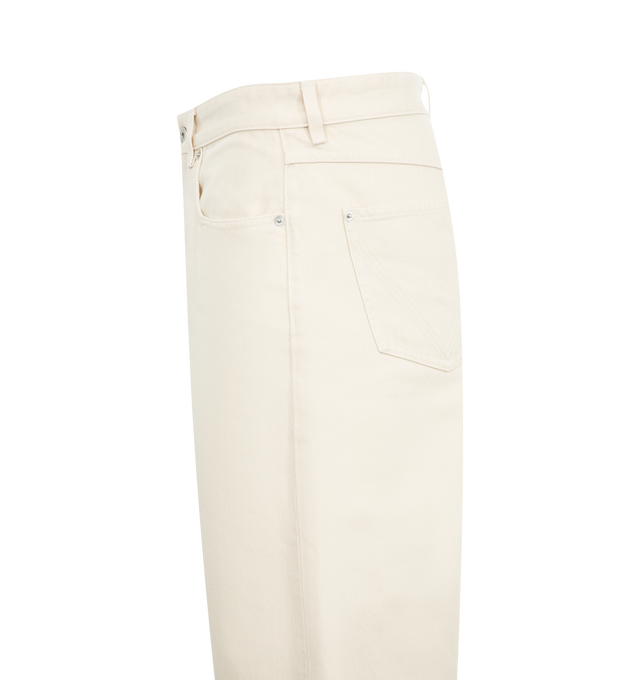 Image 3 of 3 - WHITE - BOTTEGA VENETA Turned Up Jeans featuring wide leg and contrasted turned up hem in coloured stone washed denim, intrecciato suede back patch, removable jumping hare patch on the back pocket and button closure. 100% cotton. Made in Italy. 