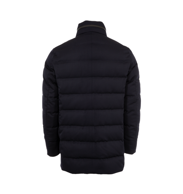 Image 2 of 3 - NAVY - MONCLER Vallonpierre Wool Long Down Jacket featuring woolplus, polyester lining, down-filled, pull-out hood, zipper and button closure, pockets with snap button closure, zipped inner pocket and leather logo patch. 100% virgin wool. Lining: 100% polyester. Padding: 90% down, 10% feather. 