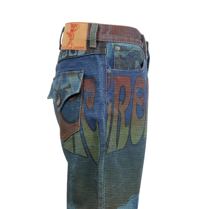 Image 3 of 3 - BLUE - COUT DE LA LIBERTE Rafa Circus Print Straight Jean featuring long length, straight hem, button zip front closure, 5 pocket style, belt loops and graphic print thoughout. 100% cotton. Made In USA. 