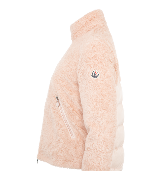 Image 3 of 3 - PINK - Moncler Women's Polignac short down jacket crafted from teddy.  Down-filled Puffer style with recycled longue saison nylon fabric back adding extra warmth without feeling heavy. Features zipped closure and zipped pockets. 