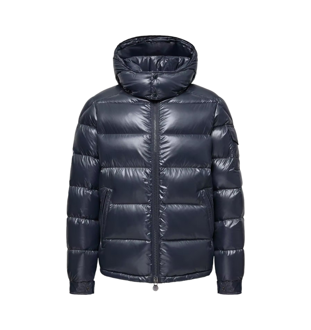 Image 1 of 1 - BLUE - Moncler Maya Hooded Short Down Jacket featuring nylon laqu lining, down-filled, detachable and adjustable hood with drawstring, collar with snap button closure, zipper closure, zipped pockets, hem with drawstring fastening, flap patch pocket on sleeve, adjustable cuffs and logo patch. 100% polyamide/nylon. Padding: 90% down, 10% feather. 