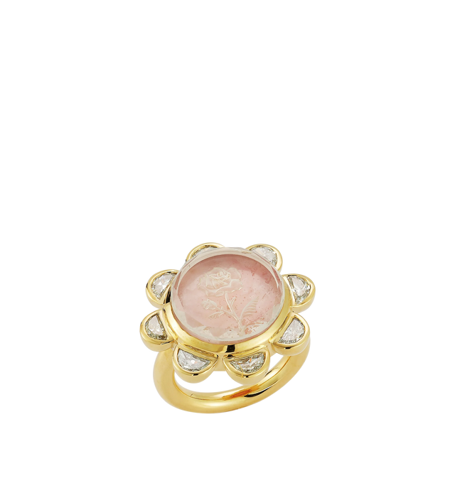 Image 2 of 2 - GOLD - Renna Rosebud Caspian Ring features an etched round rock crystal backed with a pink opal surrounded by 8 half-moon diamonds. 18k yellow gold. .88cttw. Hirshleifers offers a range of pieces from this collection in-store. For personal consultation and detailed information about jewelry, please contact our dedicated stylist team at personalshopping@hirshleifers.com. 