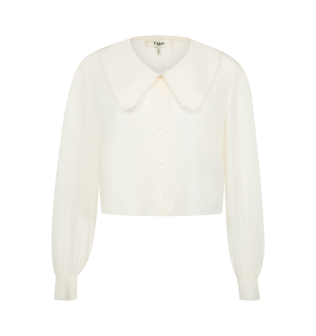 Image 1 of 2 - WHITE - Chlo Womens Puff-Sleeve Blouse is crafted from organic silk crpe de chine. Features a fluid fit, puff sleeves, oversized collar with scalloped embroidery, mother-of-pearl button-front closure, and buttoned cuffs. Main Material: 100% Silk; Embroidery: 100% Polyester; Buttons: 100% Mother-of-Pearl. Made in Madagascar. 