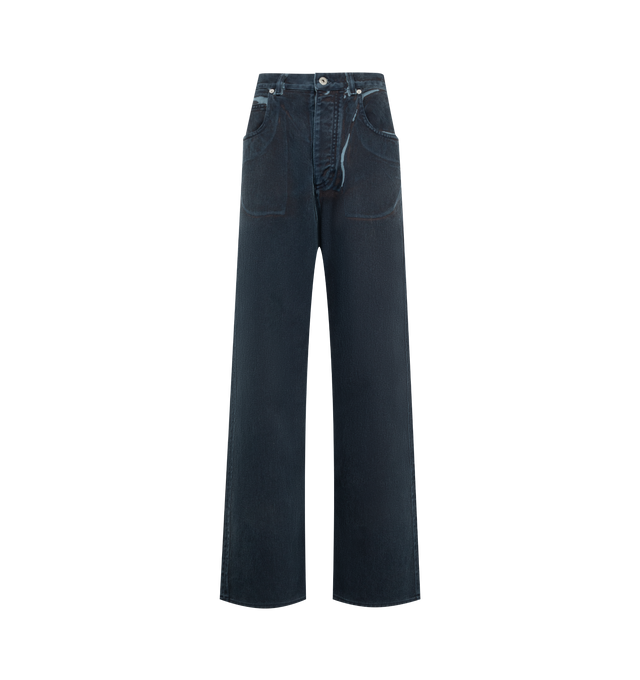 Image 1 of 3 - BLUE - Bottega Veneta Mens Wide-Leg Jeans are crafted from overdyed washed denim. Feature a high-rise waist, wide-leg silhouette, button closure, and embossed Intrecciato leather patch at the back waist. Main Material: Denim; Trim: Leather. Made in Italy. 
