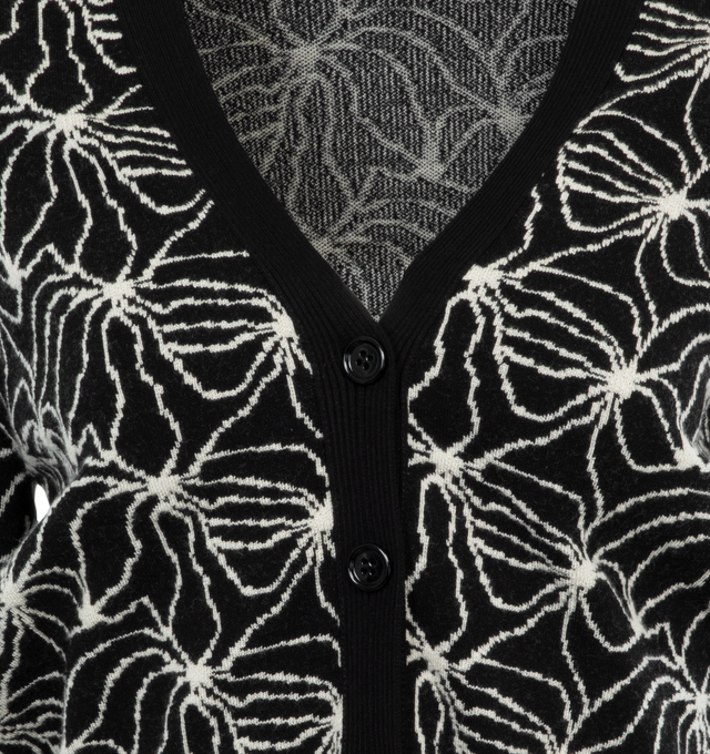 Image 3 of 3 - BLACK - DRIES VAN NOTEN Knit Cardigan featuring abstract jacquard motif, striped details hem, cropped, v neckline and button front closure. 44% viscose, 38% merino wool, 18% polyester. 