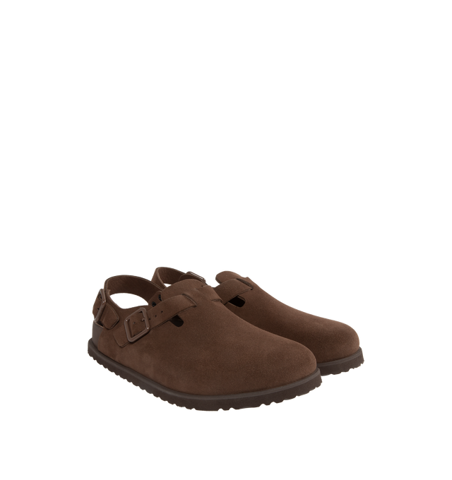 Image 2 of 4 - BROWN - Birkenstock's Tokio a closed-toe clog in a regular width. The iconic Tokio sillhouette closely follows the contours of the foot featuring adjustable heel and arch straps. Upper: Luxurious fine flesh out suede, a full grain leather that has been flipped to use the fuzzy side. Footbed: Anatomical shaped BIRKENSTOCK cork-latex footbed, covered with premium, color-matching smooth nappa leather. Sole: EVA outsole with a 3mm EVA welt updates the standard die-cut outsole while still ensuring 
