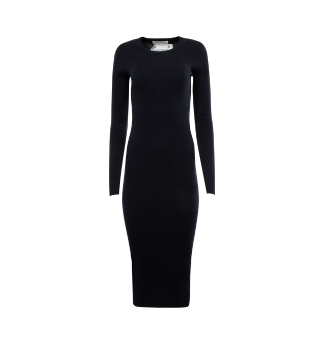 Image 1 of 2 - NAVY - EXTREME CASHMERE Snake Short Dress featuring minimalistic long tight-fitted dress in comfortable and stretchy cotton-cashmere mini rib, maxi dress has a high round neckline and long sleeves. 70% cotton, 30% cashmere. 